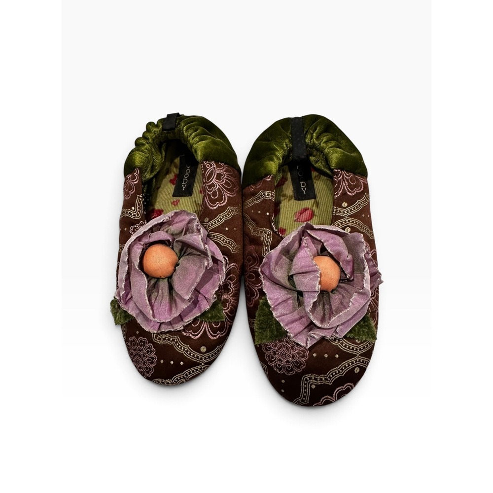 Goody Boho Paisley Velvet Ballet Slippers House Shoes Purple Flower Brown Green